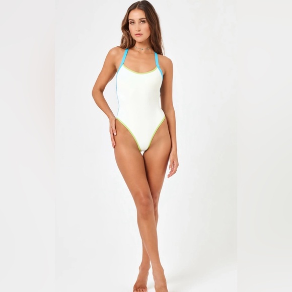 NWT! LSPACE Ribbed Baewatch One Piece Swimsuit in Island/Cucumber - Size L - Picture 2 of 12